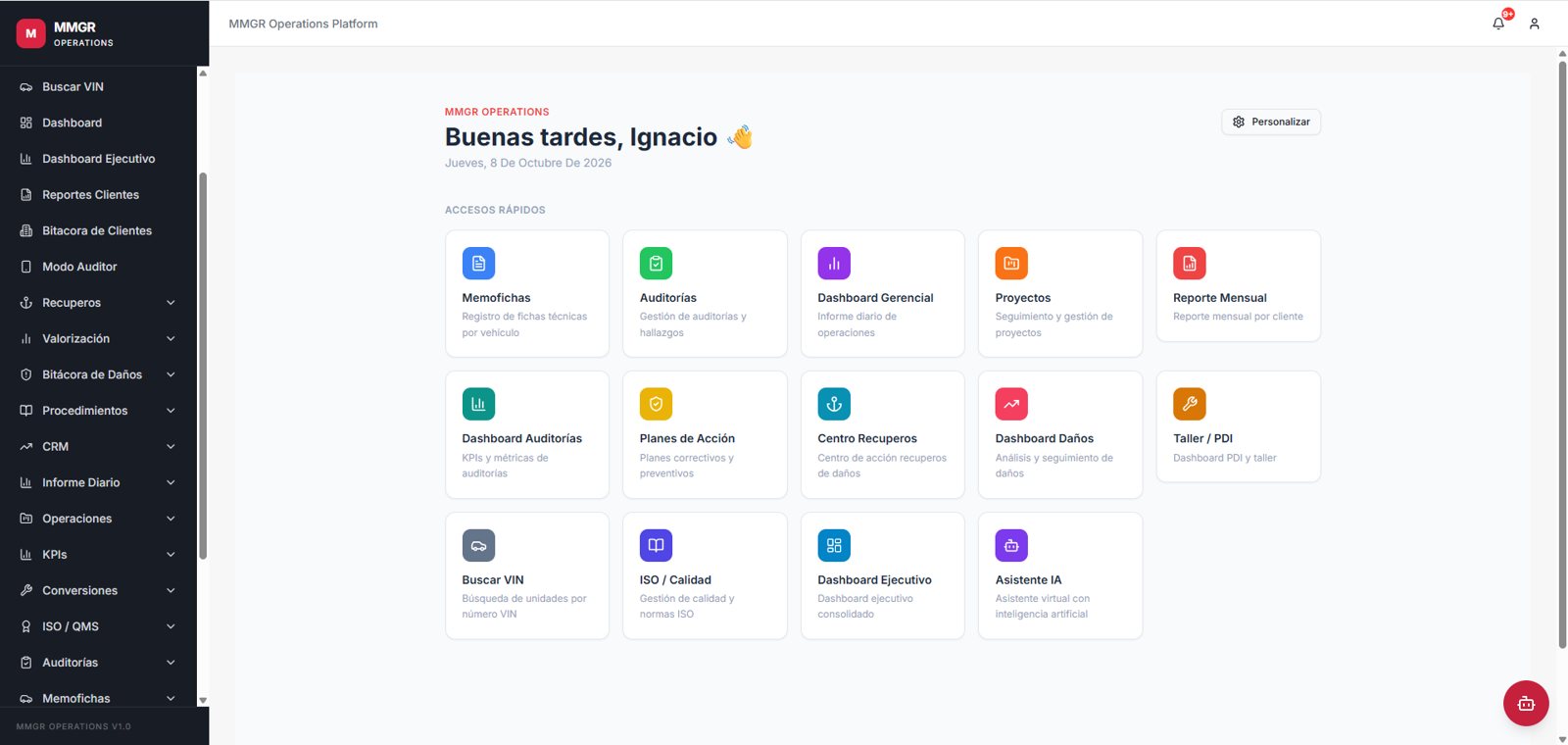 Pantalla de inicio de MMGR Operations